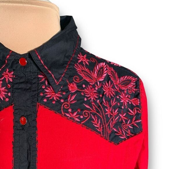 Vintage Collection Red Black Dark Floral Embroidered Long Sleeve Western Shirt - Picture 3 of 10